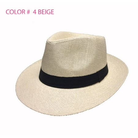 Women Men Brown Fedora Trilby Gangster Cap Summer Beach Sun Straw Panama Hat Bow