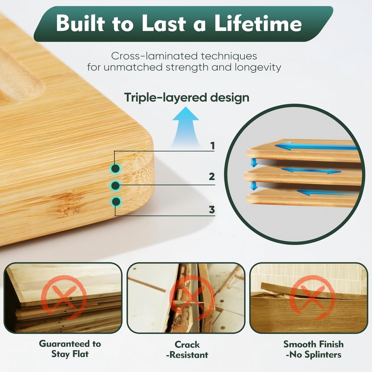 Behome 3 Pack Bamboo Cutting Boards Set for Kitchen, Wooden Chopping Boards with Holder and Deep Juice Grooves, Durable Serving Boards for Meat, Vegetables & Fruits