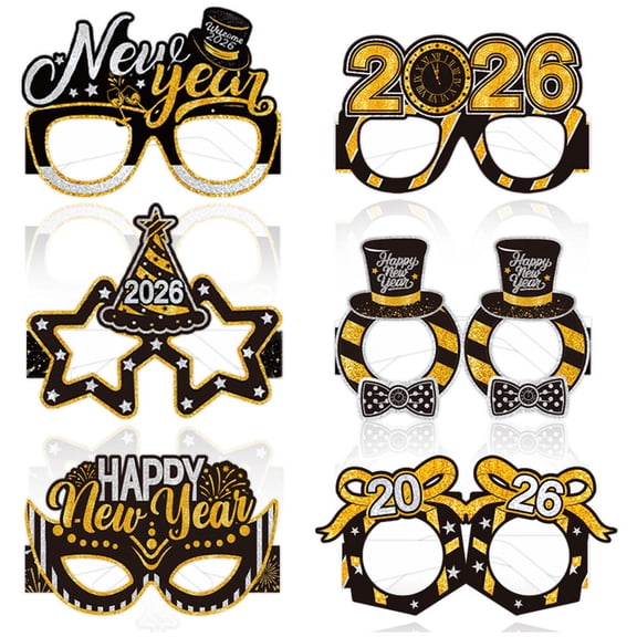 6Pcs Happy New Year Paper Glasses Black Gold Eyeglasses Frame Photography Props Celebrate New Year's Eve Party Decoration Christmas Supplies
