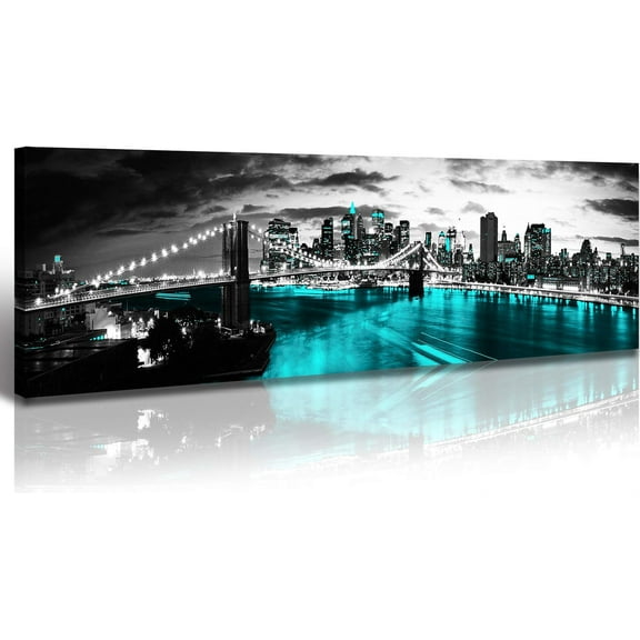 Aaheei New York Skyline Canvas Wall Art - Brooklyn Bridge Nightscape NYC Cityscape Painting Decor, Modern Black and White with Aqua Teal Accents Prints, Office Bedroom Decorations