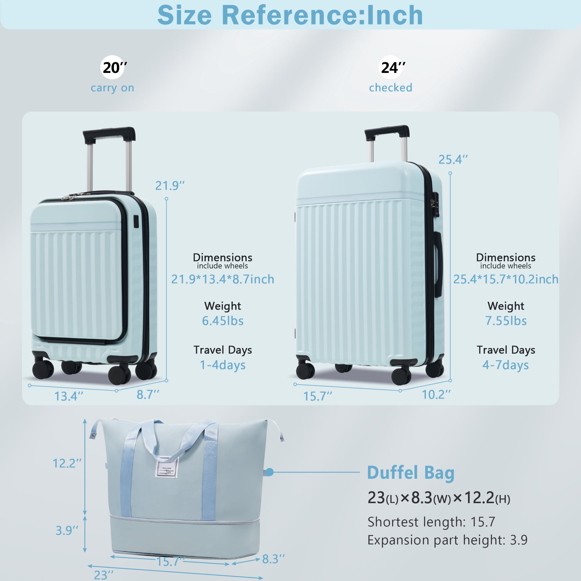 MAYEERTY 3-Piece Luggage Set: Front Opening 20" with USB Port+ Expandable 24" Hardside Suitcase + Tote Bag, Light Blue