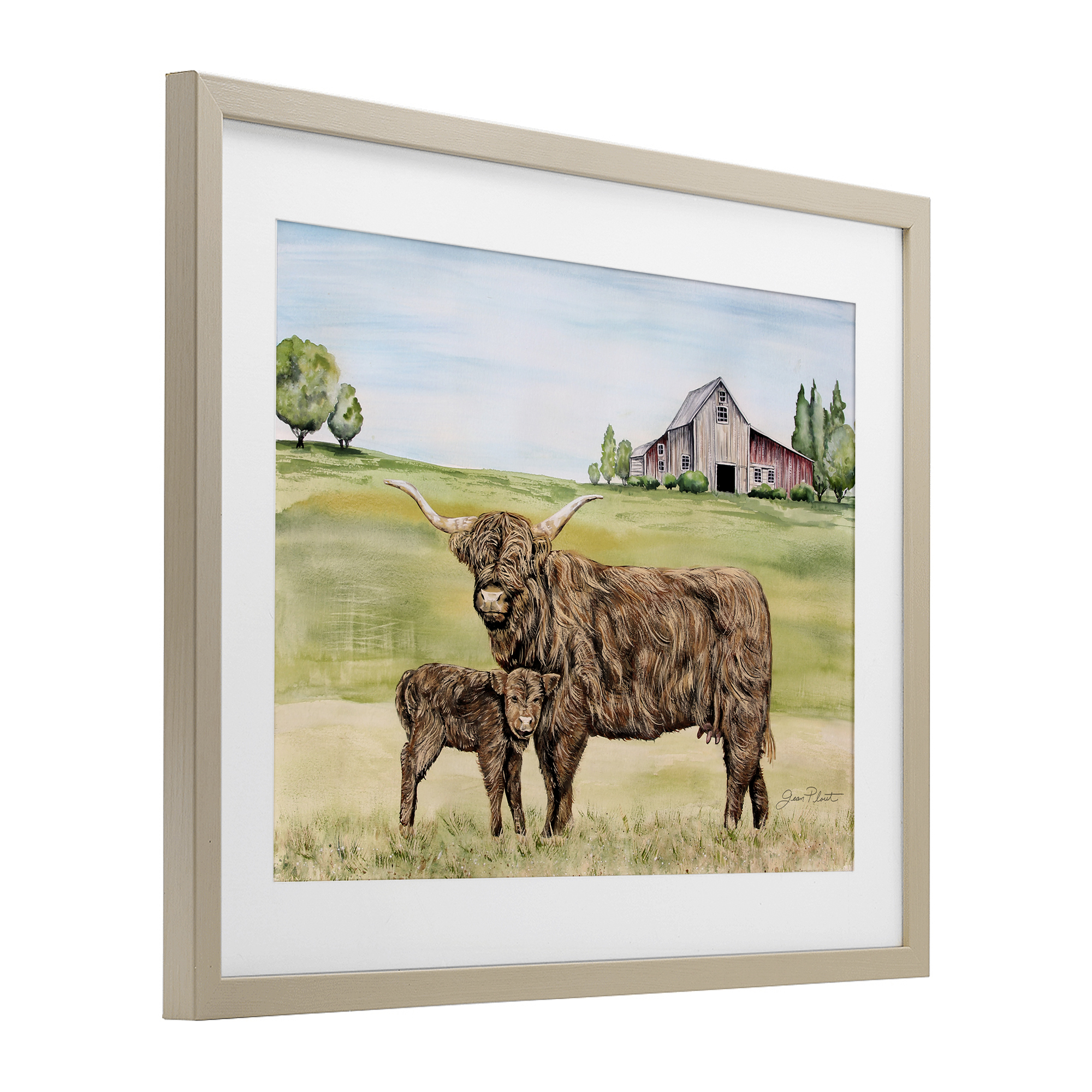 Highland Cow And Calf Birch Framed Print Under Glass, design by Jean Plout