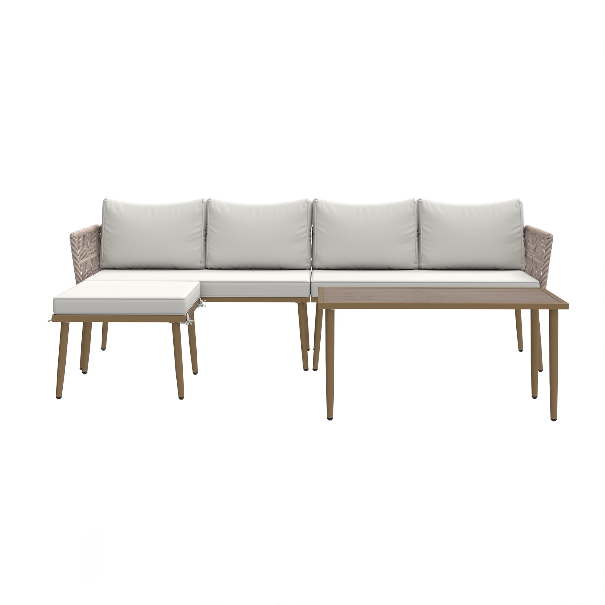 Uforic 4-Piece Outdoor Woven Rope Sectional Sofa Set Patio Furniture Conversation Set, Patio Loveseat with Ottoman and Side Table - Beige