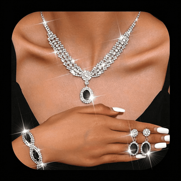 DESIGNICE Rhinestone Bridal Wedding Jewelry Set Silver Necklace Earrings Bracelet Sets Formal Prom Costume Jewelry Sets for Women and Brides