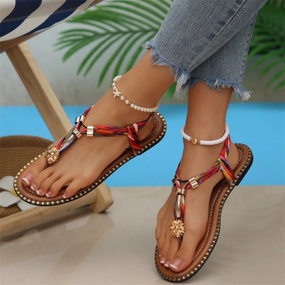 Domuza Sandals Women Flat Shoes Summer Bohemian Toe-Separator Sandals Casual Comfortable Beach Flip Flops with Elastic Band Blue 9(EU-42)