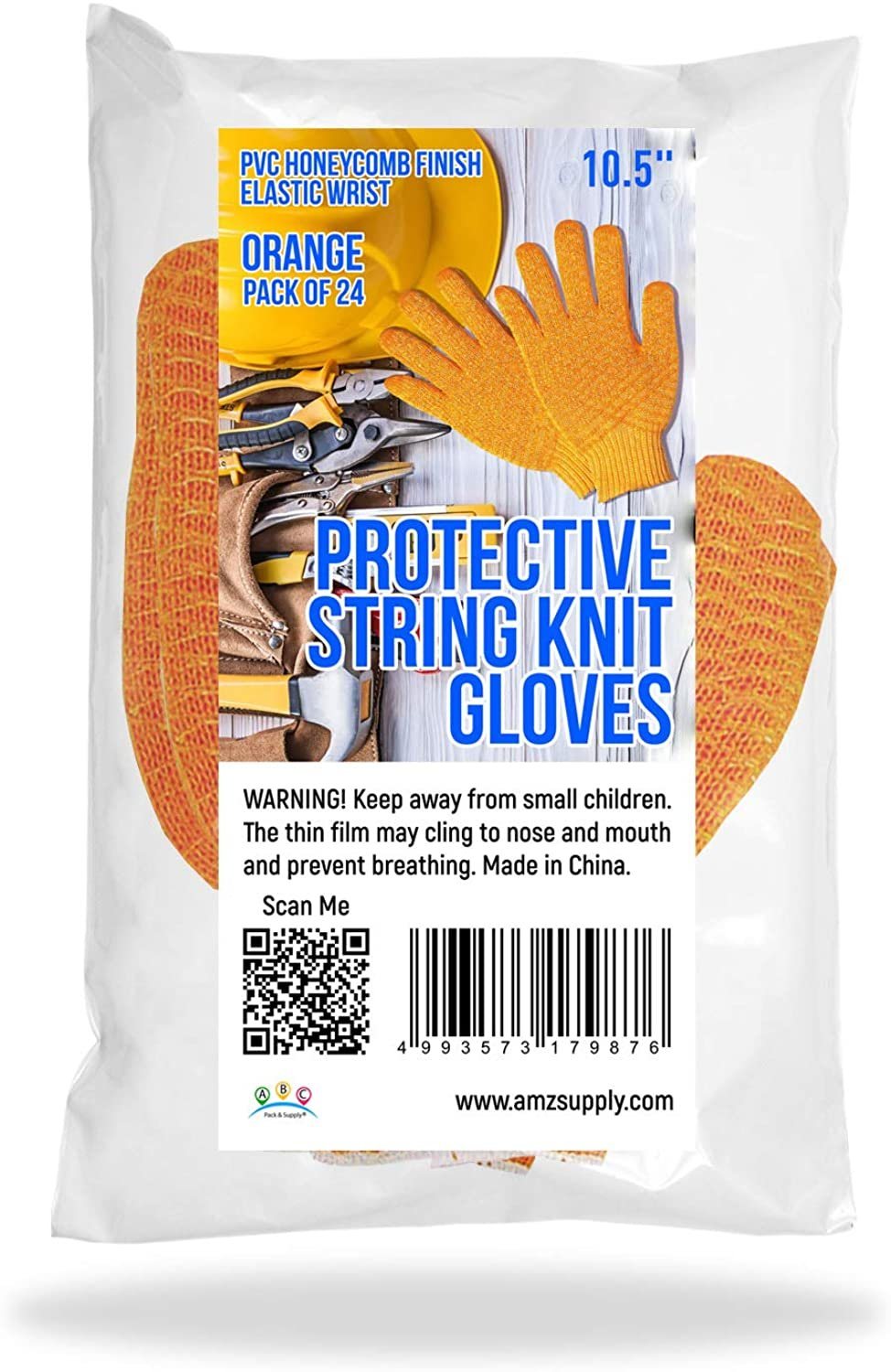 EEPHO Pack of 24 Knit Glove Liners L size. Orange Protective String