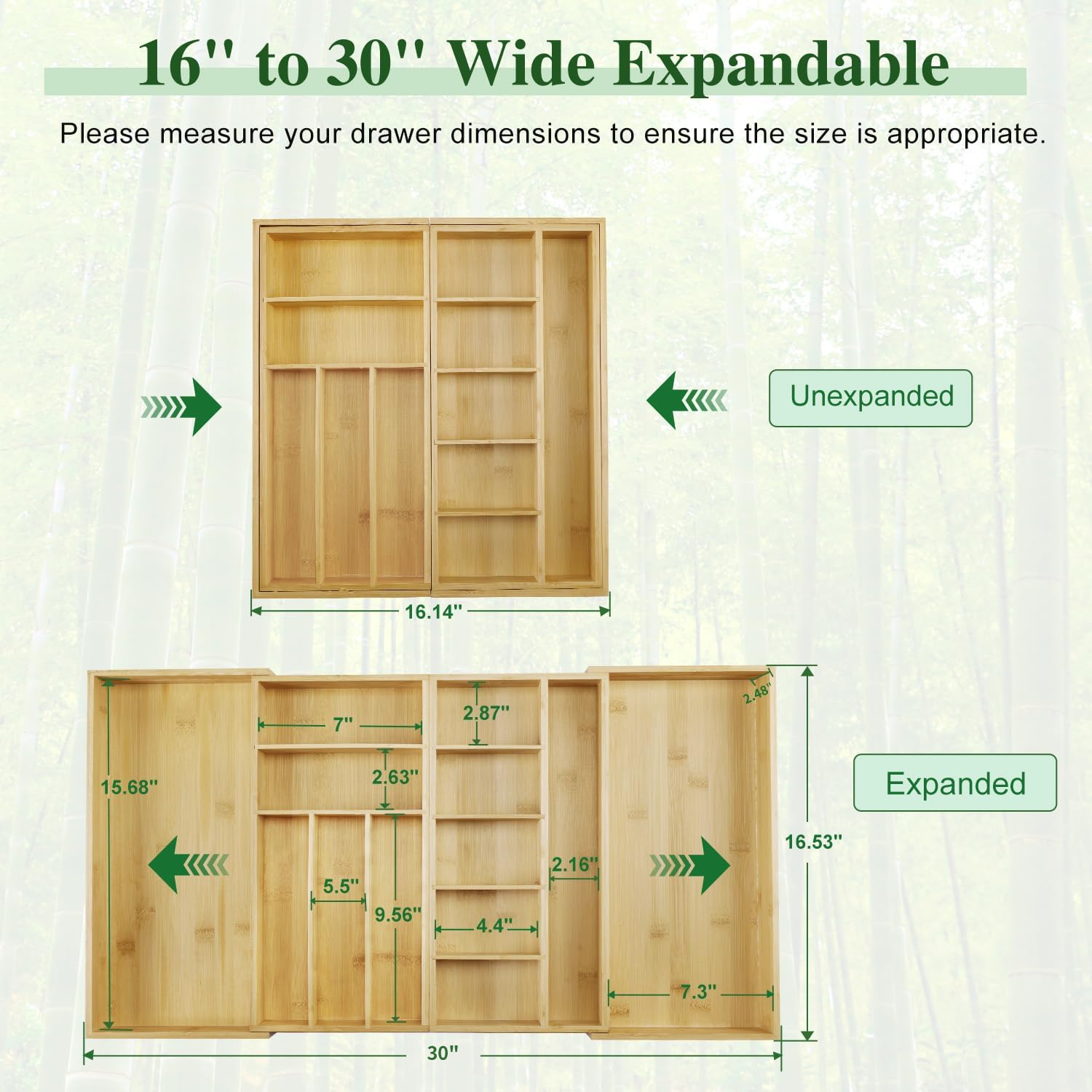 Large Bamboo Expandable Drawer Organizer, Silverware Organizer for Drawers, 16 to 30 Inches Wide, 7-13 Slots, Kitchen Drawer Organizers for Utensils, Bamboo Wood Cutlery Organizers