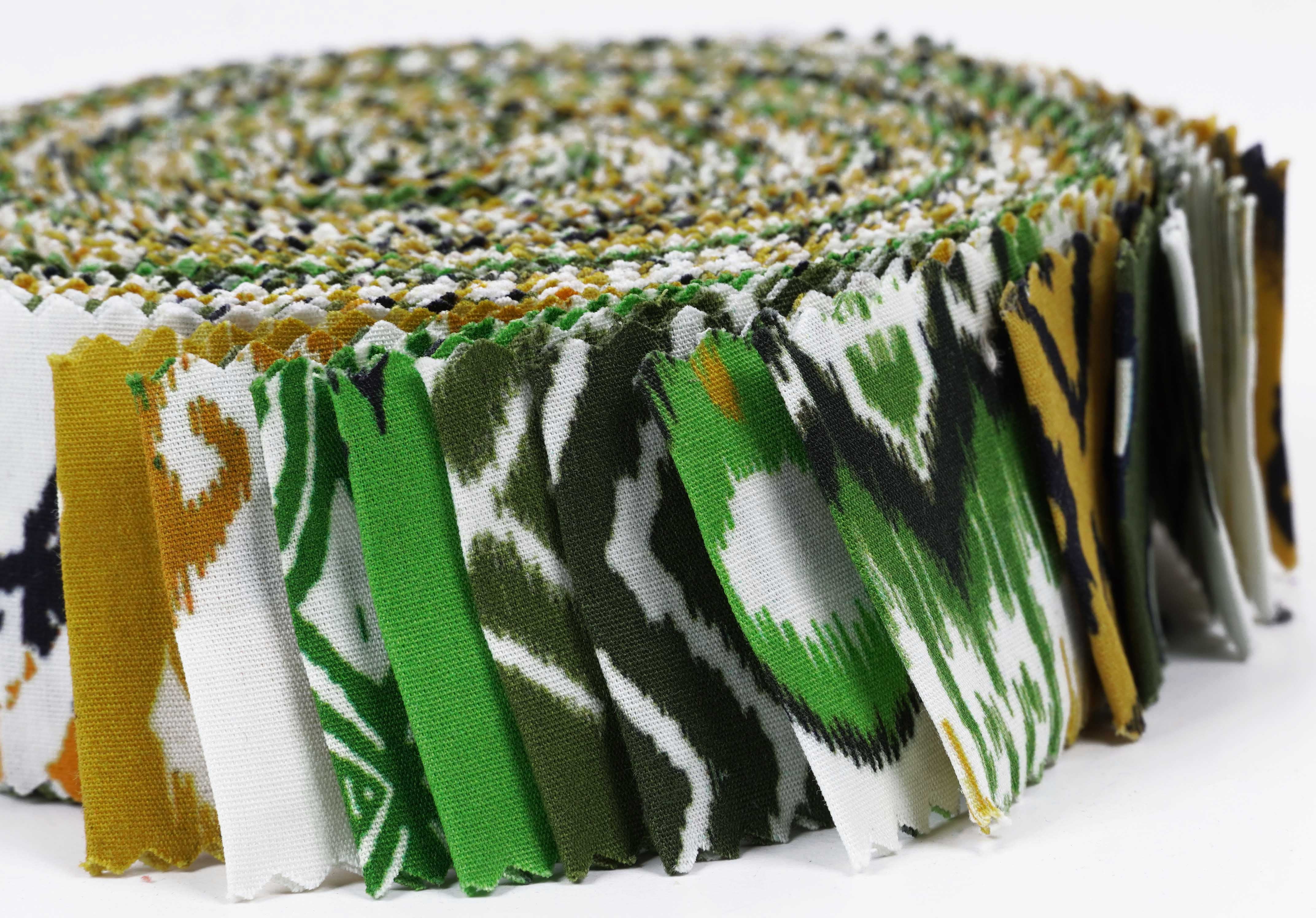 Soimoi 40Pcs Ikat Print Precut Fabrics Strips Roll Up 1.5x42inches Cotton Jelly Rolls For Quilting - Green, White & Mustard