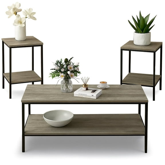 Furnibear 3-Piece Coffee Table Set: Rectangular Main Table 2 End Tables, Ideal for Living Room, Office/Apartment, Rustic Brown