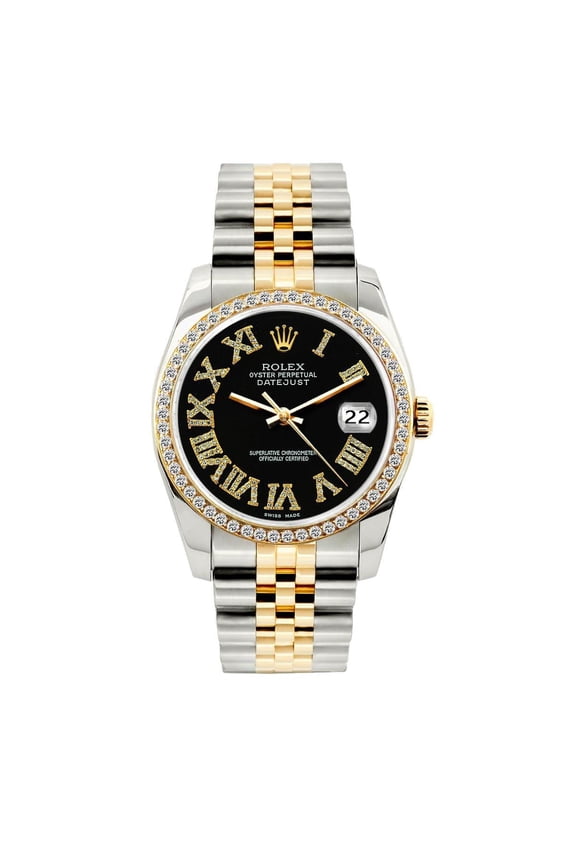 Pre-Owned Rolex Datejust 36MM 16233 Black Roman Diamond Dial Diamond Bezel Two Tone Yellow Gold Jubilee Bracelet 1.2ct