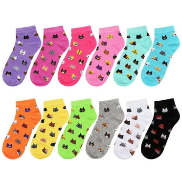12-Pack Assorted Colors Cat Designed Women's Novelty Ankle Socks Size 9-11