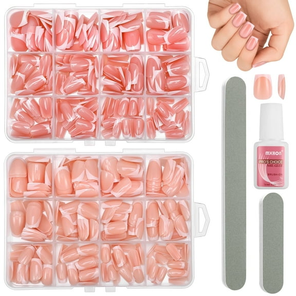 Abaima 480 Pcs Short Press on Nails, French Style False Nails with 3 Tools, 12 Styles Square Ballet Shape Press-on Nails for Women, 240 Pcs Pink/240 Pcs Nude, Salon Quality DIY Manicure Kit