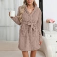 thumbnail image 5 of Women's Solid Color Long Sleeve Plush Bathrobe - Winter Warm Homewear, Khaki, M, 5 of 5