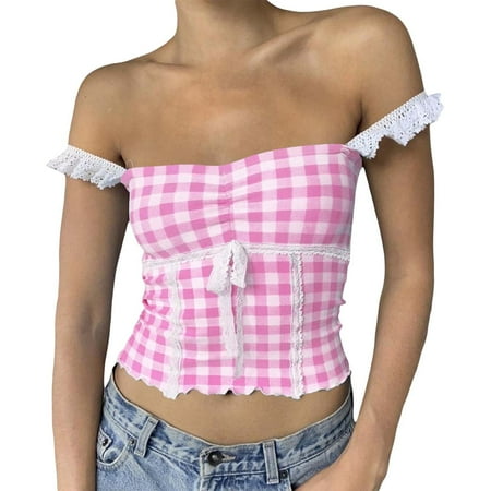 ERkkoi Spring Tops For Women Trendy Summer Tank Tops Plaid Crop Square Neck Lace Trim Gingham Spaghetti Strap Going Out Corset Womens Basic Y2K Slim Fit Cami Top Pink M