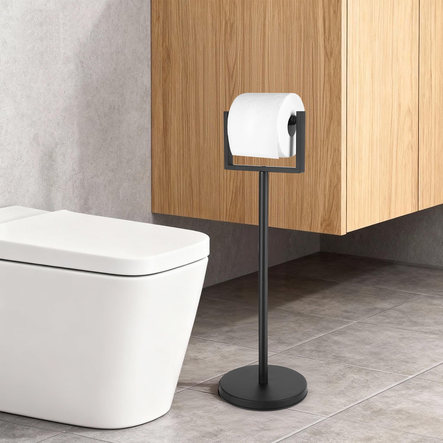 Yucurem Freestanding Toilet Paper Holder Stand, Weighted Base Floor Tissue Roll Shelf for Bathroom, Matte Black