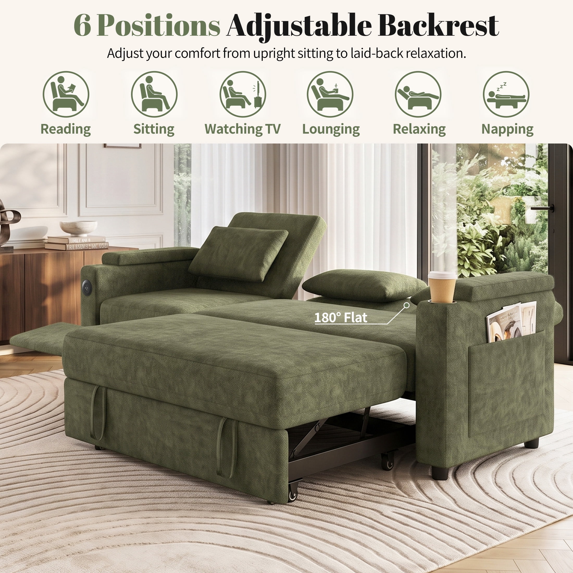 Aenkyo 81" 3-in-1 Convertible Sleeper Sofa with Pull Out Bed and Recliner, Adjustable Backrest, Green