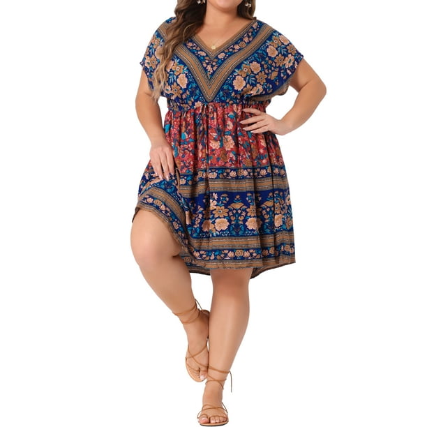 Vestido Boho de Talla Grande para Mujeres Agnes Orinda, Cuello en V, Hombro Caído, Cintura con Cordón, Vestidos de Playa 4X Azul Real