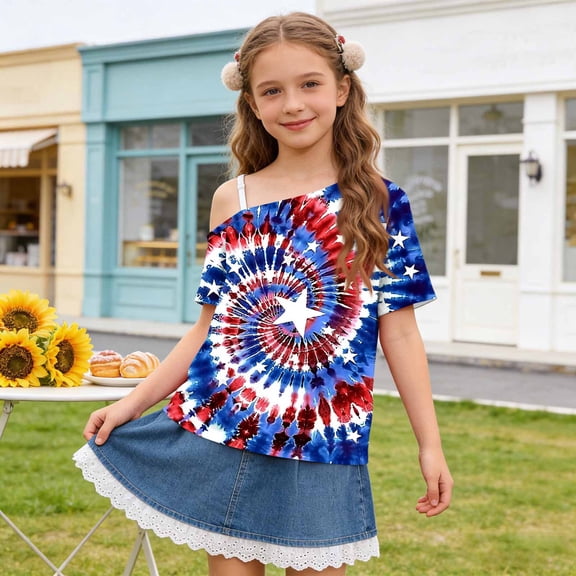 WPPGONE Patriotic T Shirt for Girls One Shoulder One Shoulder Short Sleeve Toddler Loose Fit 4th of July Tops Stars Red White and Blue Design American Flag Shirts USA Summer Clothes