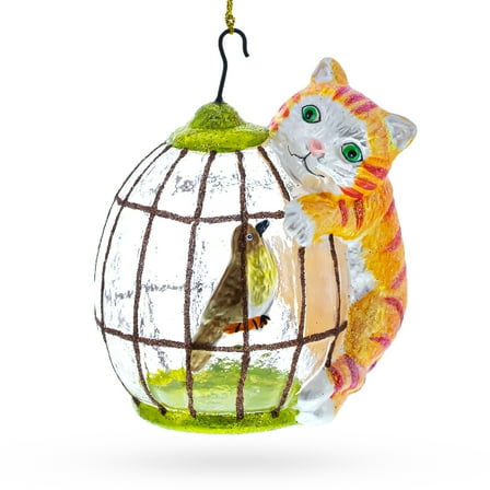 Curious Cat and Caged Bird Glass Christmas Ornament