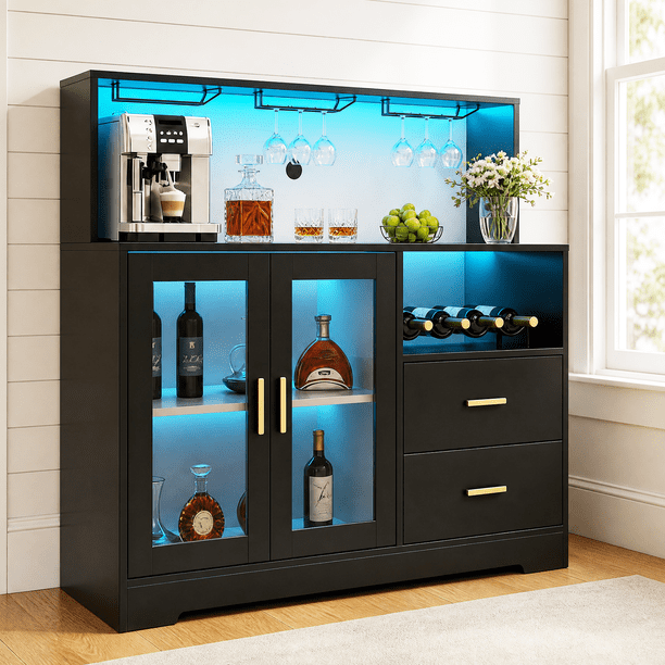 para Cocina, Cantina Bar Mueble para Casa con Luces LED, Toma de Corriente, Gabinete para Vinos Botellero y Copas, Gabinetes de Almacenamiento, 120 * 40 * 115cm (Negro)