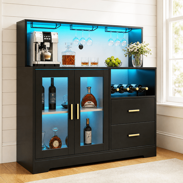 para Cocina, Cantina Bar Mueble para Casa con Luces LED, Toma de Corriente, Gabinete para Vinos Botellero y Copas, Gabinetes de Almacenamiento, 120 * 40 * 115cm (Negro)