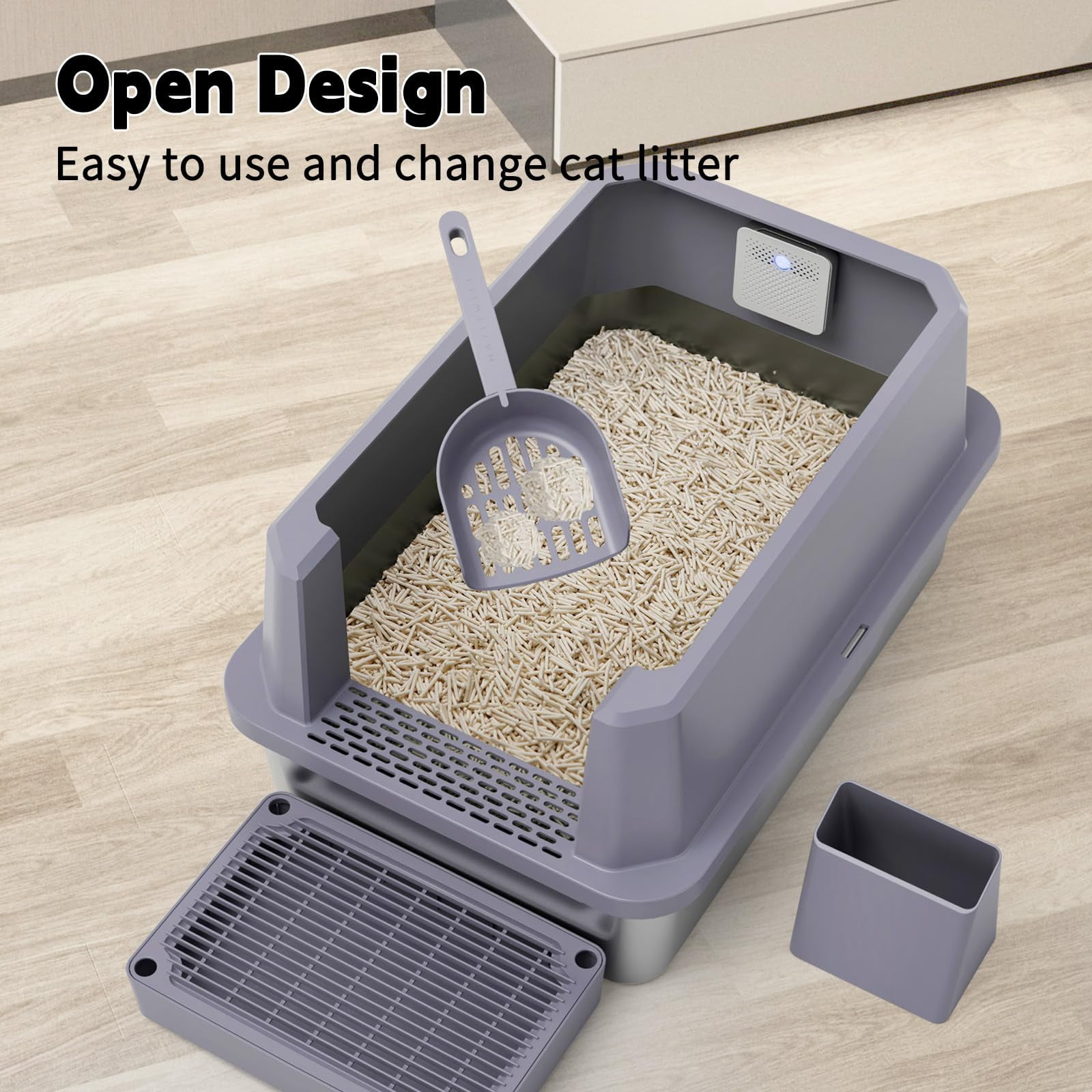 Stainless Steel Litter Box For Cats: Gray Leakproof Open Top Tray - Teflon Non-stick Coating Large Size Odor Control Cats Under 20 Lbs With Deodorizer 2 Pack