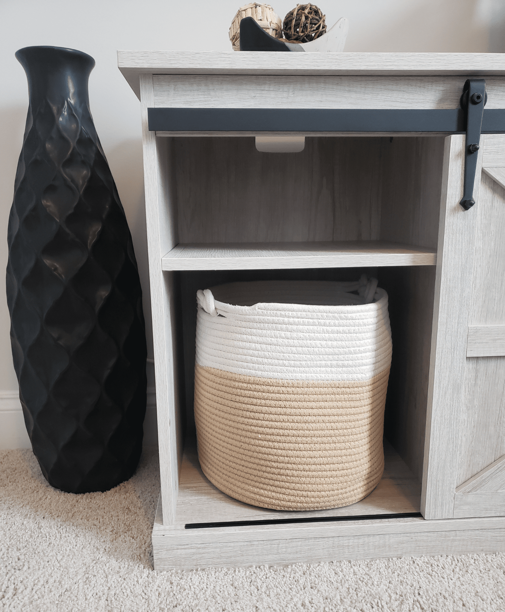 Large Round Blanket Basket, Woven Nursery Cotton Rope Baskets for Storage, Living Room, Toy Organizing with Handles - 12"x12”-White and Tan