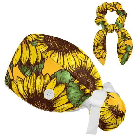 

Working Cap with Buttons and Sweatband Scrub Hat Bouffant Caps with Scrunchie Sunflower Tie Back Hats
