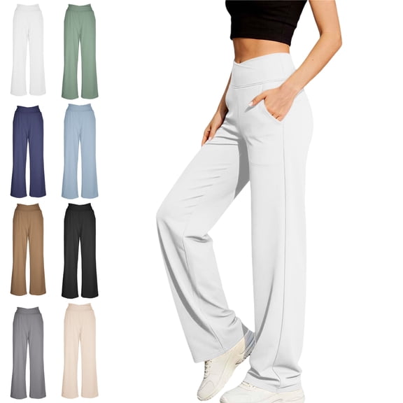Yoga Pants for Women with Pockets Tummy Control Stretch High Waisted Crossover Loose Dressy Casual Workout Gym Fashion Trousers