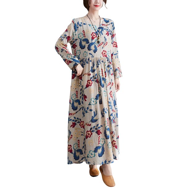 Vestido suelto de mujer Vintage estampado manga larga cuello redondo cintura alta Casual vestid Abanopi Vestido
