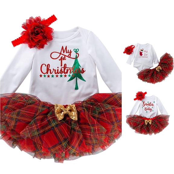 AWZXDE Girl First Outfits Letter Print Romper Plaid Tutu Dress Headband 3PCS Clothes Set White,3-6 Months