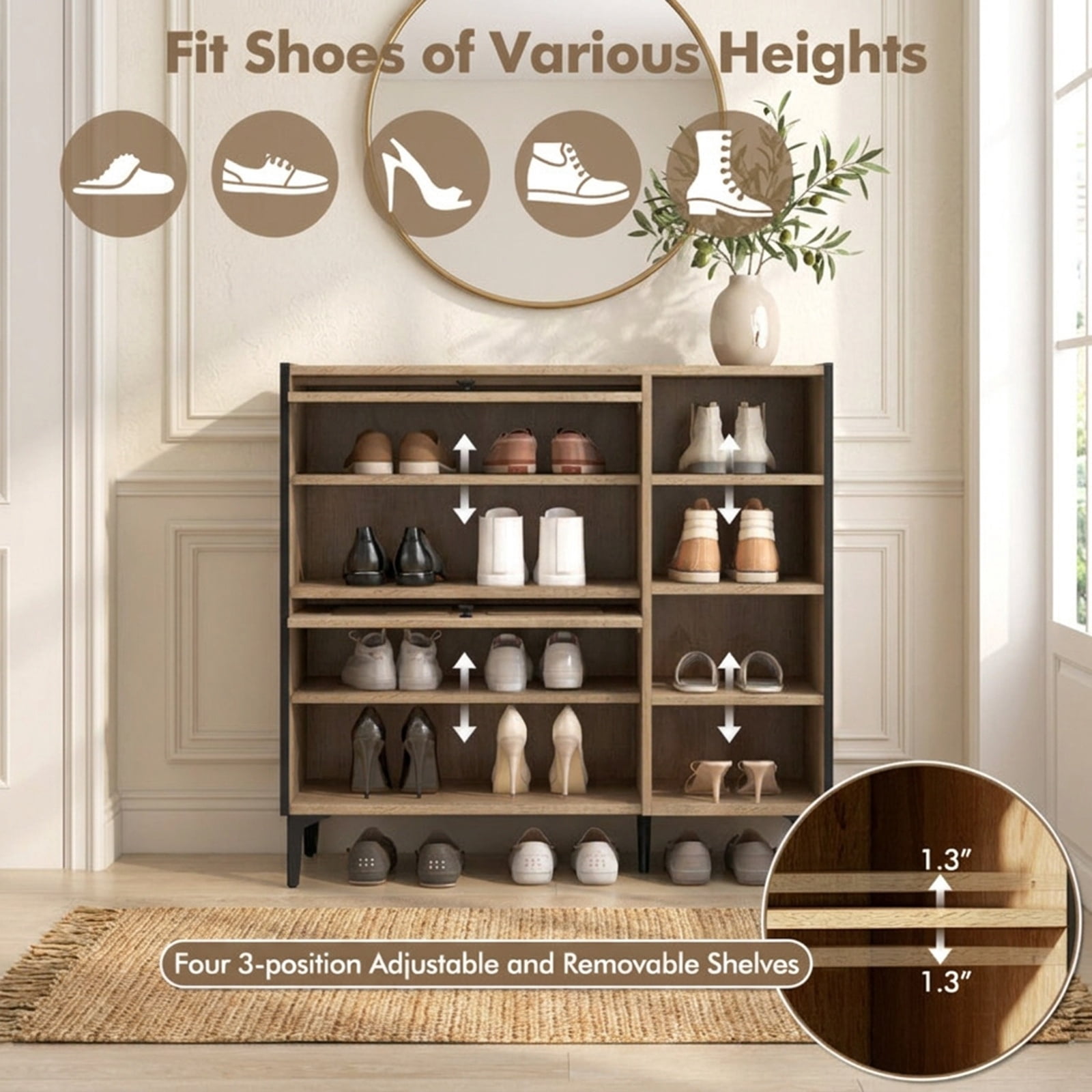 Furnibear Shoe Rack Organizer with Flip Up See Through Doors and Adjustable Shelves for Living Room Entryway Hallway Shoe Cabinet, Oak