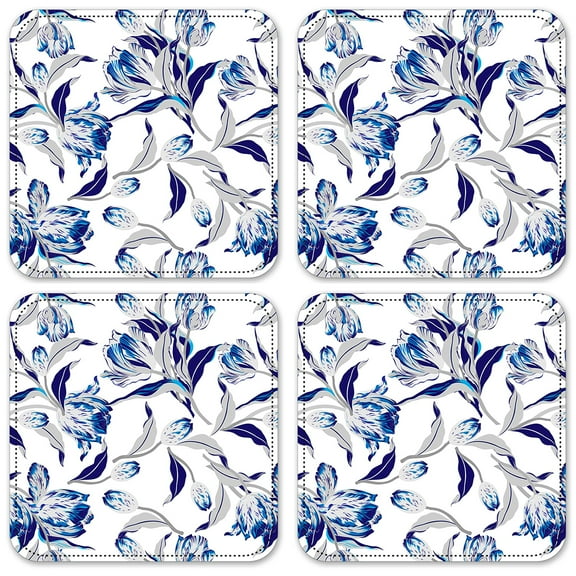 Vinyl Drink Coasters - Set of 4 - Blue & Gray Flower Toss