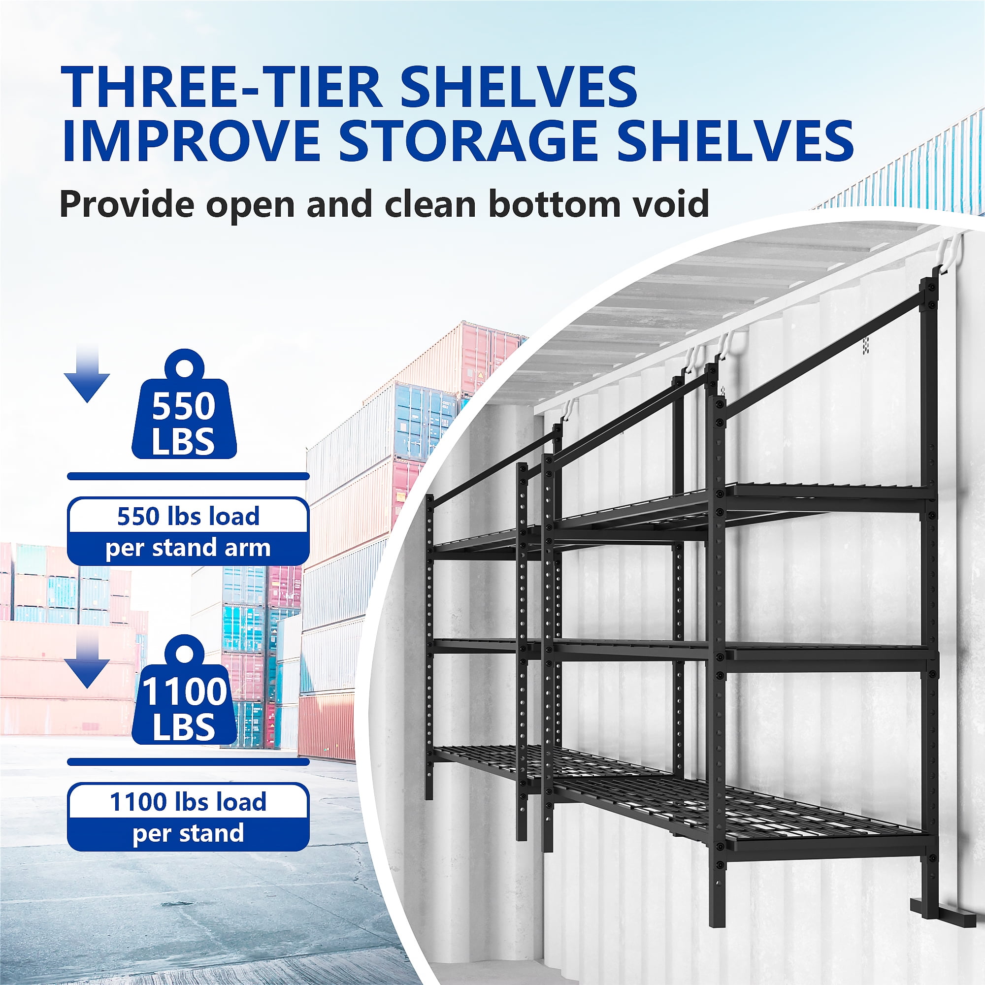 YOHKOH Shipping Container Shelving, Adjustable 3-Tier Heavy Duty Brackets, 59"W x 22"D x 59"H, 1100 lbs Capacity for Garage & Warehouse Storage
