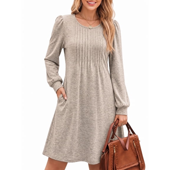 MOYIKO Long Sleeve Fall Dresses for Women Pleated Crew Neck Dress Casual Fashion Dresses with Pockets