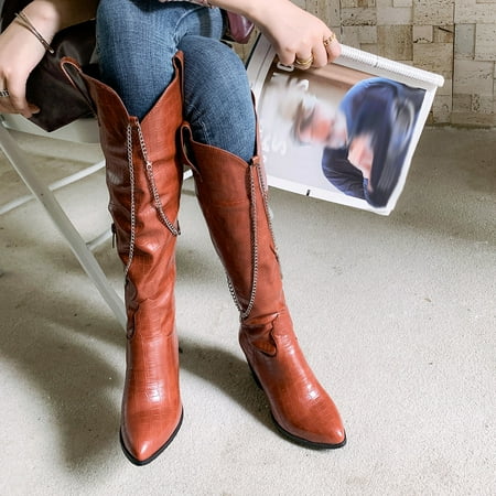 

Women s Winter Metal Chain Side Zipper Warm Chunky High Heel Pointed High Boots