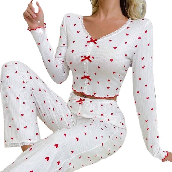 ZPAQI Heart Pattern V Neck Long Sleeve Sleepwear Set Ruffled Edge Pajamas Loungewear