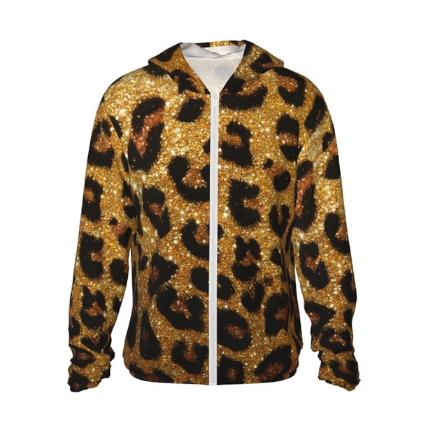 Balery Golden Leopard Glitter Sudadera ligera de manga larga con capucha y protección solar UPF 50+ para hombre y mujer, ideal para pesca y running-Medium