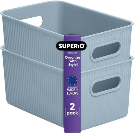 Superio Ribbed Plastic Storage Basket Organizer (2 Pack), Stackable Classic Closet Storage Bin for Shelf, Desk, Pantry- Store Toys, Clothes, Cosmetics, Stationary (Blue, 5 Liter)