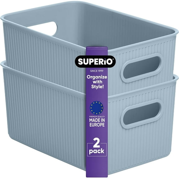 Superio Ribbed Plastic Storage Basket Organizer (2 Pack), Stackable Classic Closet Storage Bin for Shelf, Desk, Pantry- Store Toys, Clothes, Cosmetics, Stationary (Blue, 5 Liter)