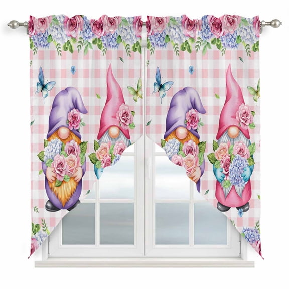 Spring Gnomes Swag Curtains for Kitchen/Bedroom/Living Room, Botanical Flowers Leaf Pink Buffalo Check Scalloped Curtains 63 Inch Long, Window Swag Topper Curtains Valances 2 Panels Set 36"x63"
