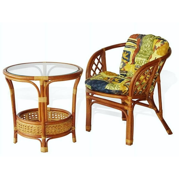 SK New Interiors Lounge Set of Bahama Armchair and Round Coffee Table Natural Rattan, Colonial Color