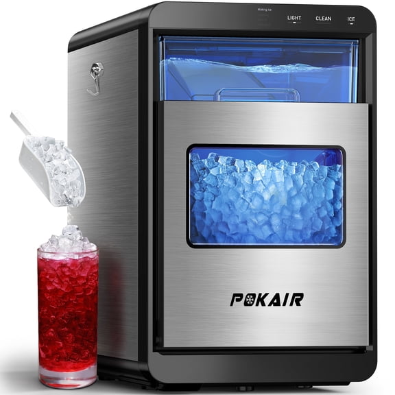 POKAIR Countertop Nugget Ice Maker for Fresh Chewable Ice, 44 lbs/Day Pebble Ice Machine, 9-Min Ice, Self-Cleaning, ETL, Brushed Stainless Steel