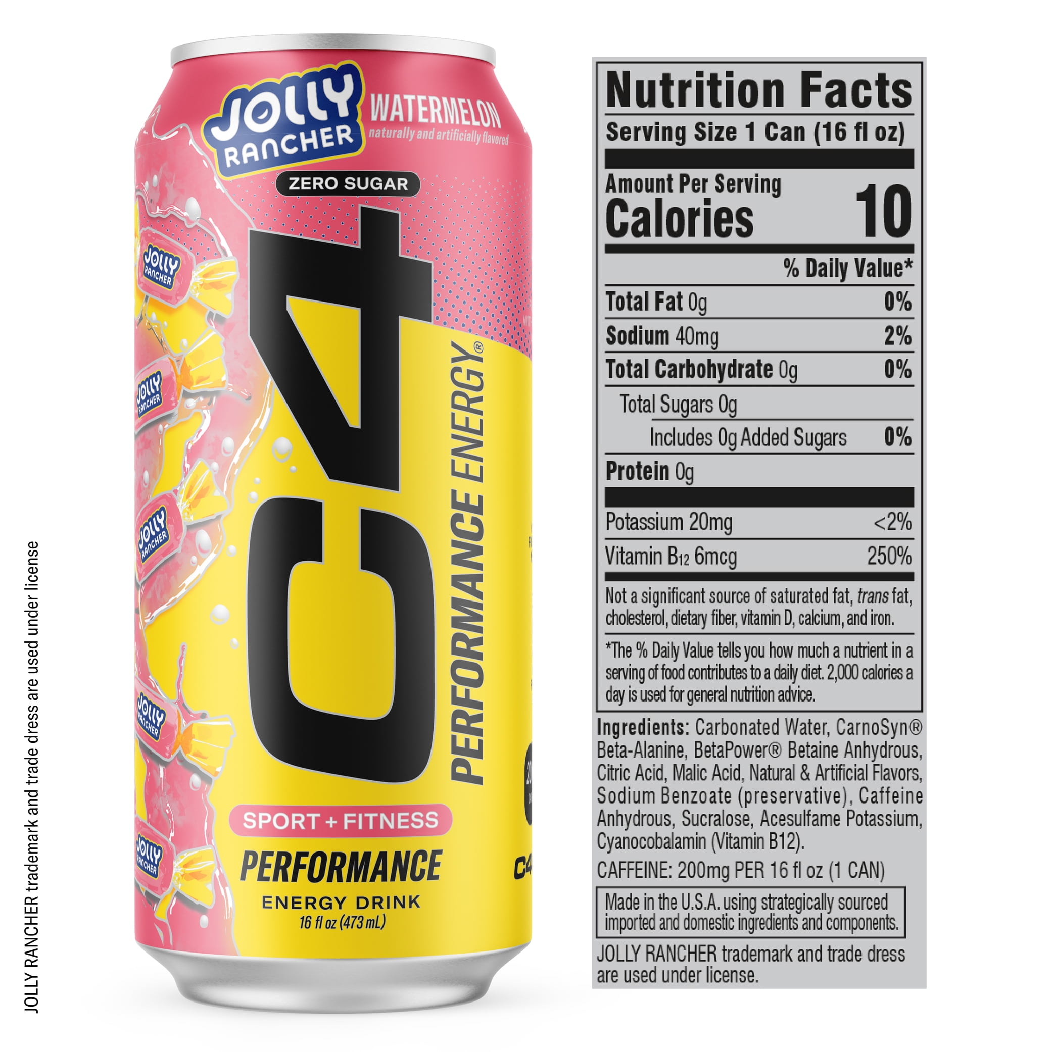 C4 Performance Energy Drink, Jolly Rancher Watermelon Flavor, Zero Sugar, Carbonated, 16 fl oz can, 12 Pack