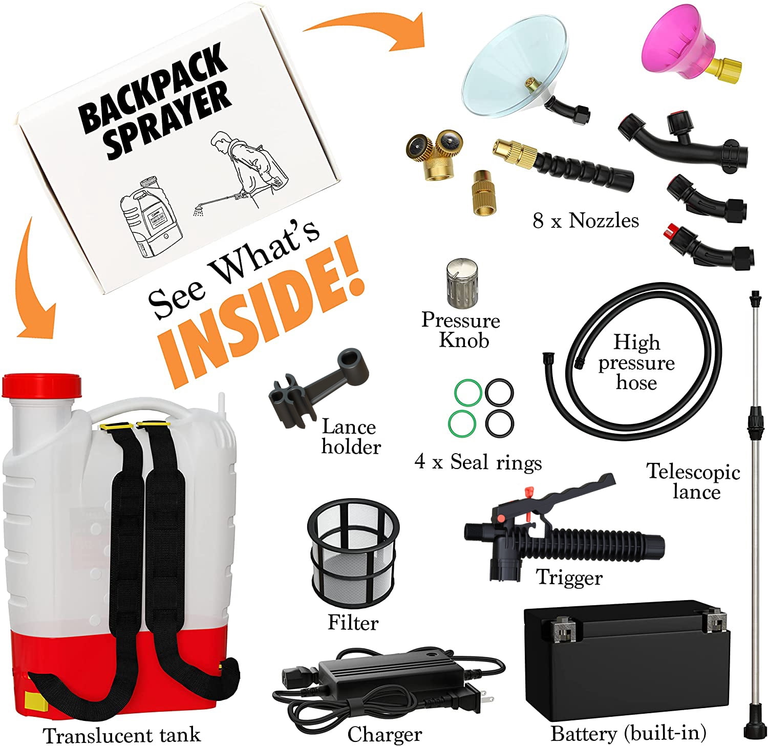 Battery Powered Backpack Sprayer, 4.2-Gallon, 8 Nozzles, 100 PSI, for Lawn & Garden
