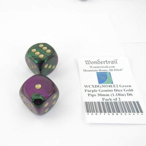 Green and Purple Gemini Dice with Gold Pips 30mm (1.18in) D6 Pack of 2 Wondertrail