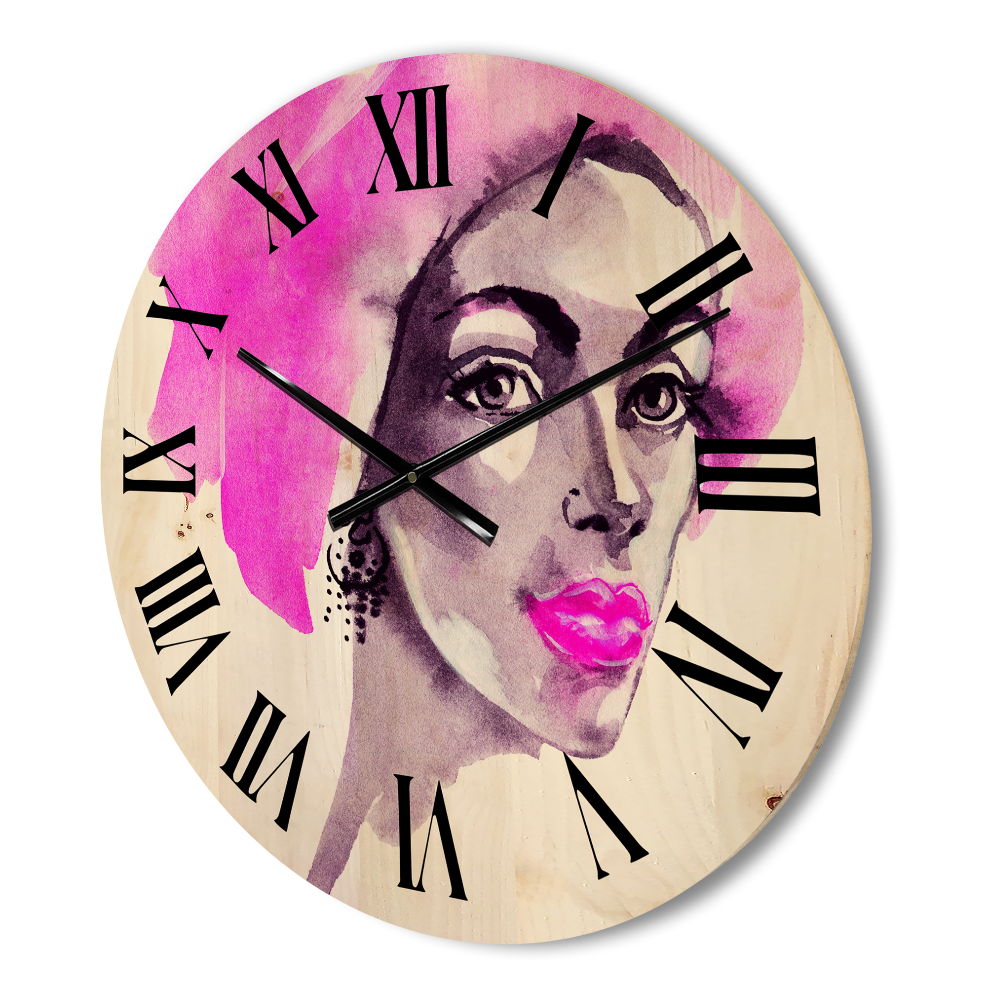 Designart 'Afro American Pink Woman Fashion Portrait' Modern Wood Wall Clock