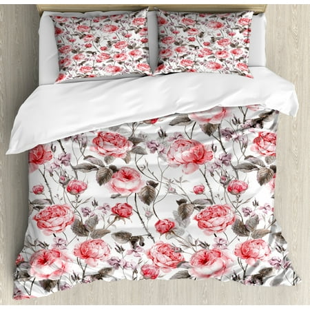English Rose Bedding Rose Queen Size Duvet Cover Set, Classic Vintage Floral Pattern Watercolor Style Bouquet of English Roses Wildflowers, Decorative 3 Piece Bedding Set with 2 Pillow Shams, Coral Taupe, by Ambesonne ()