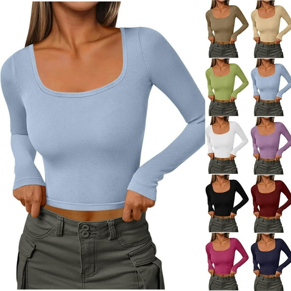 Women's Ribbed Knit Crop Tops Long Sleeve Scoop Neck Slim Fit Basic T Shirt Casual Workout Y2K Cropped Tee Shirts