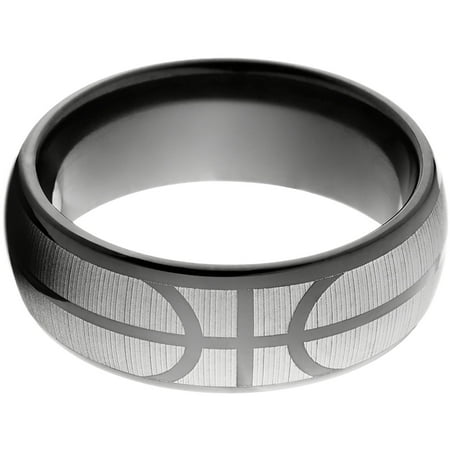8mm Half-Round Black Zirconium Ring with a Basketball Laser